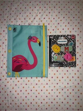 NWT Studio C Flamingo Zipper Binder Pencil Pouch + New 4 Pc Emoji Eraser Set
